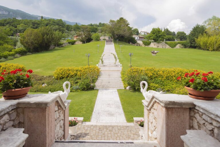 The stone staircase running up through the lawns of the park, seen from the balustrade, Villa Cariola