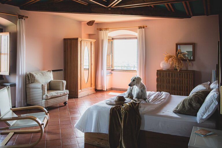 Bedroom with terracotta floor, armchair and a window with countryside view, a dog resting on the bed, Villa Il Cerretino