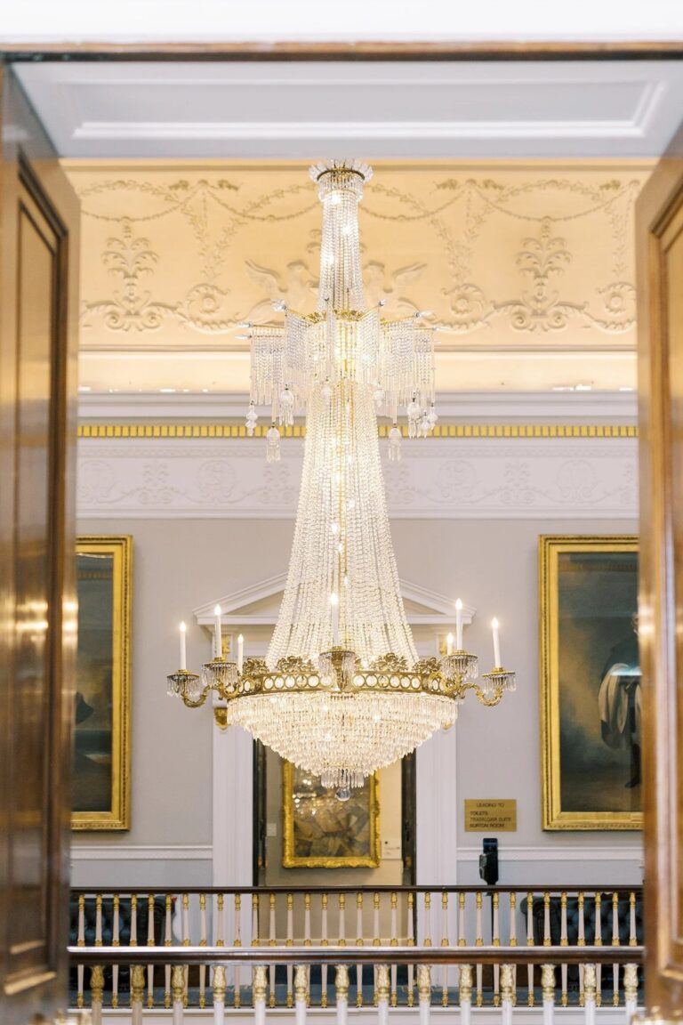 The fifteen-foot handmade Regency chandelier above the Grand Staircase, 116 Pall Mall