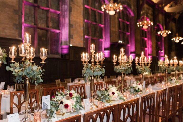 Candelabra and flowers on a long table in a panelled hall at the High Line Hotel, New York, 5th Avenue Weddings