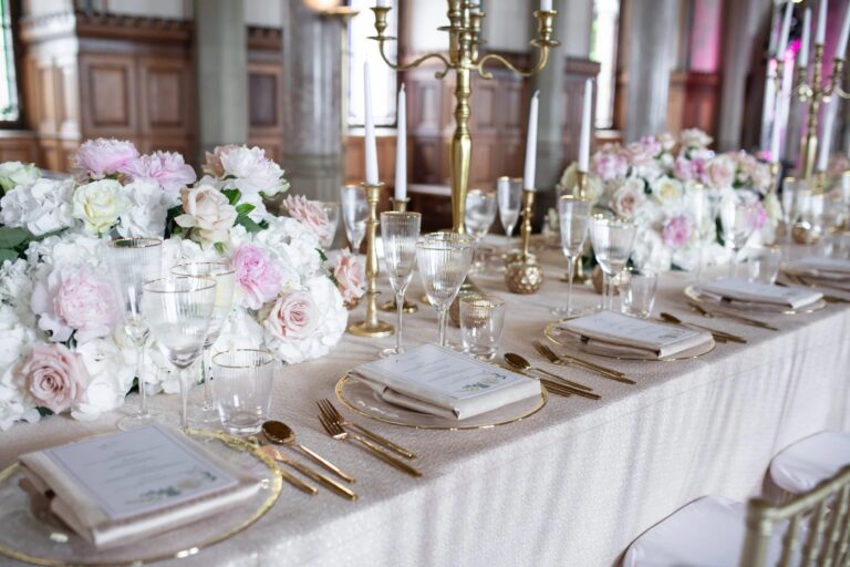 Pink and white peonies on a long table at a castle wedding in Germany, 5th Avenue Weddings