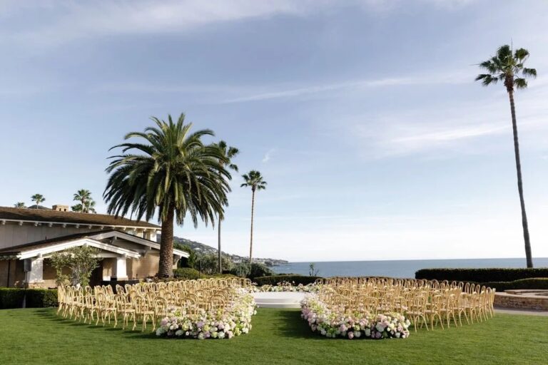 Circular ceremony seating arranged with flowers on a coastal lawn, About Details Details