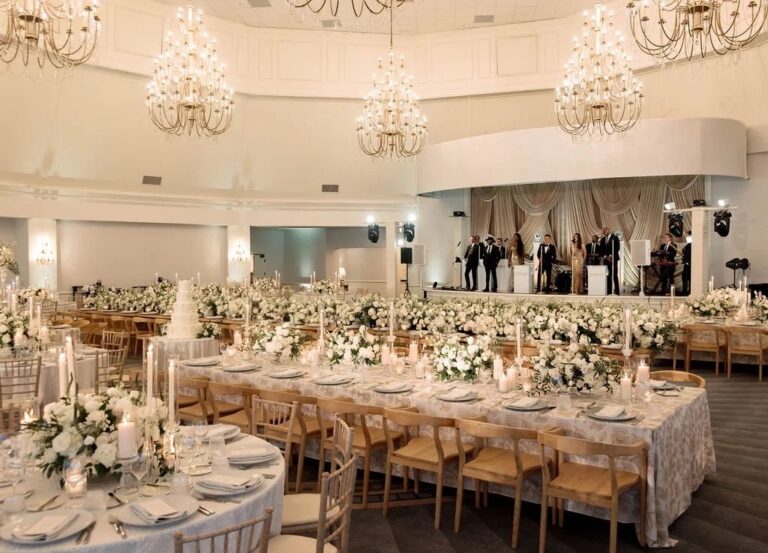 Long banquet tables with floral runners in a rotunda ballroom, About Details Details