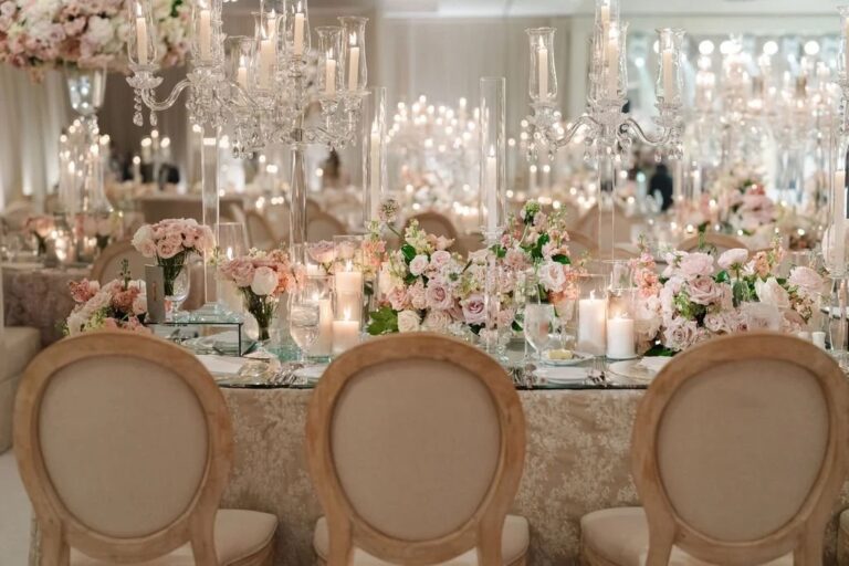 Candlelit table with pink roses, crystal and mirror, About Details Details