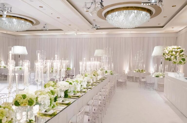 All white long table with glass candle holders and green hydrangeas, About Details Details