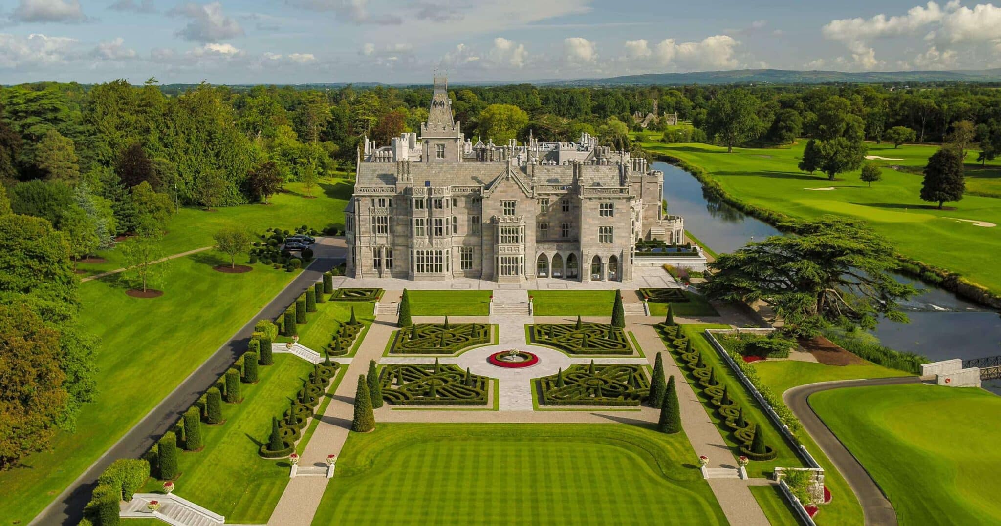 Aerial view of the Manor House, the French Gardens and the River Maigue, Adare Manor