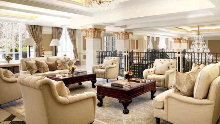 Lounge seating beneath crystal chandeliers, Adare Manor