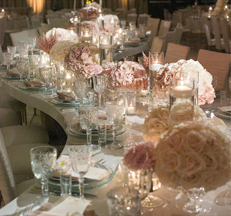 Curved table dressed with blush roses and candlelight, Aliana Events