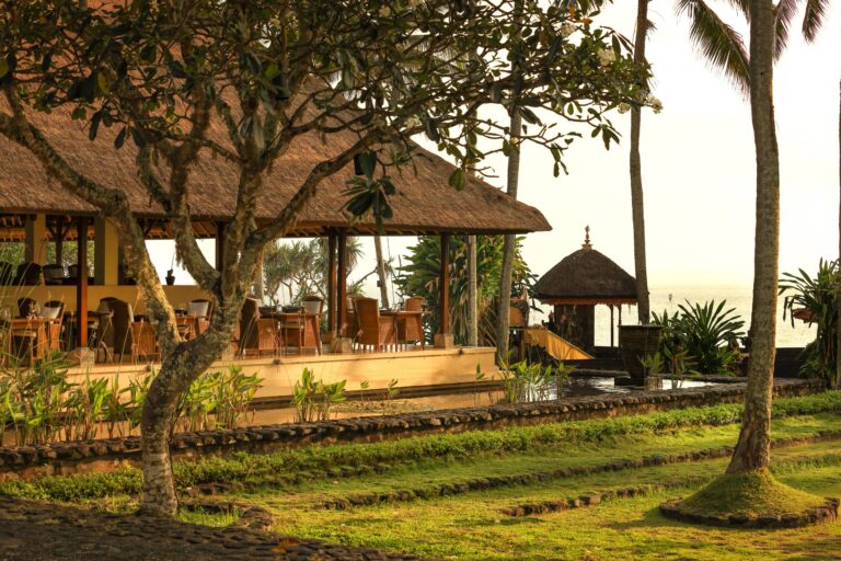 Seasalt restaurant pavilion at sunset, Alila Manggis