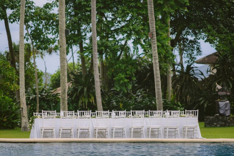 A wedding table set along the pool, Alila Manggis