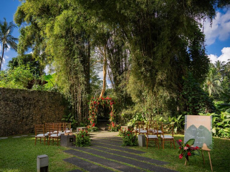 Outdoor ceremony with dangling bamboo vines, Alila Ubud