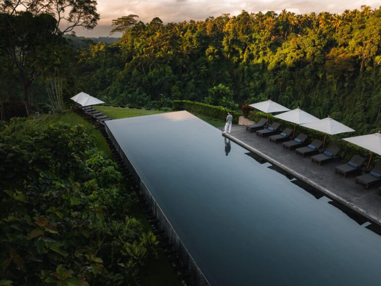 Infinity pool at sunrise, Alila Ubud