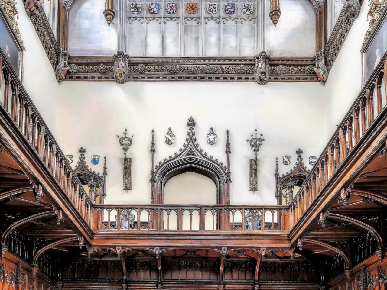 The Great Hall, carved Gothic timber, stained glass and a soaring beamed ceiling, Allerton Castle