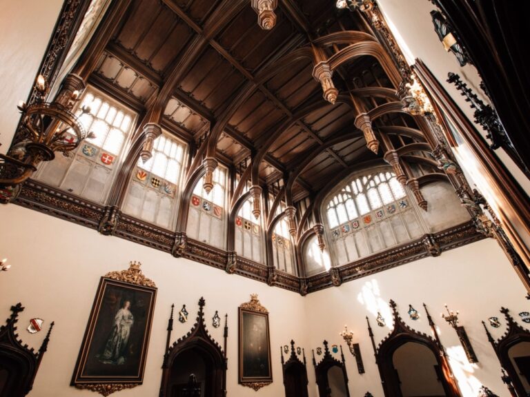 The Great Hall roof, carved hammer beams and stained-glass windows, Allerton Castle