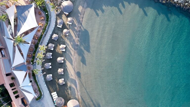 The beachfront and pavilions from above, Amathus Beach Hotel