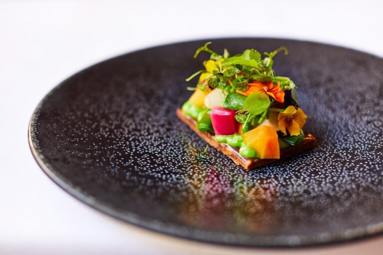 A plated first course of garden vegetables on a dark ceramic plate, Amberley Castle