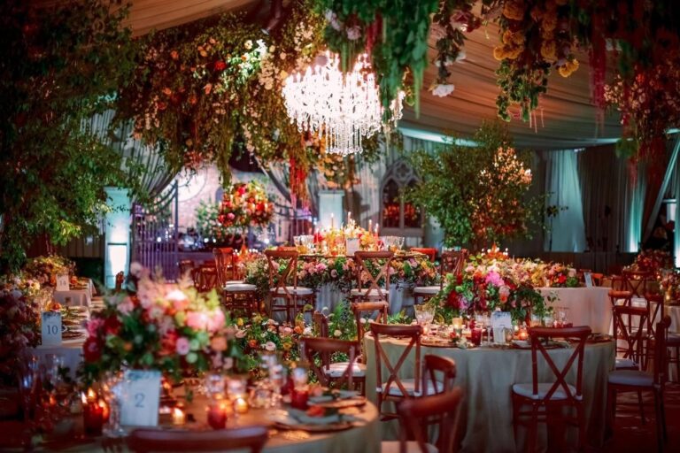 A hanging autumnal installation over dinner, Hopetoun House, Amie Bone