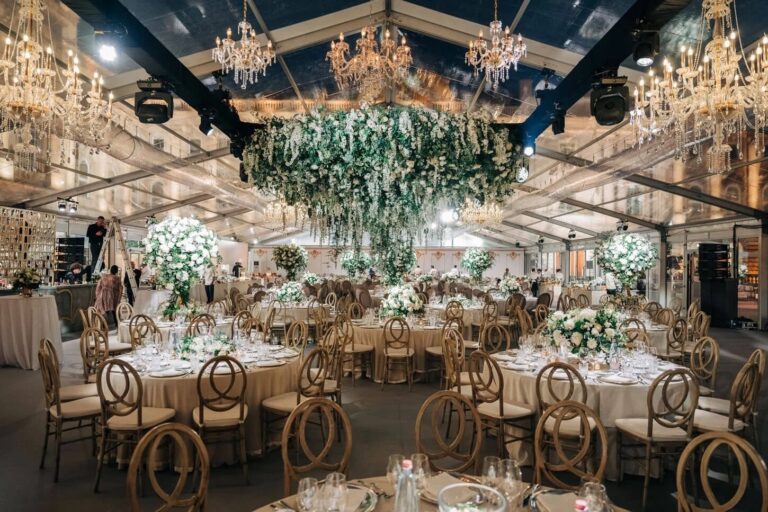 A hanging installation over a marquee reception, Budapest, Amie Bone