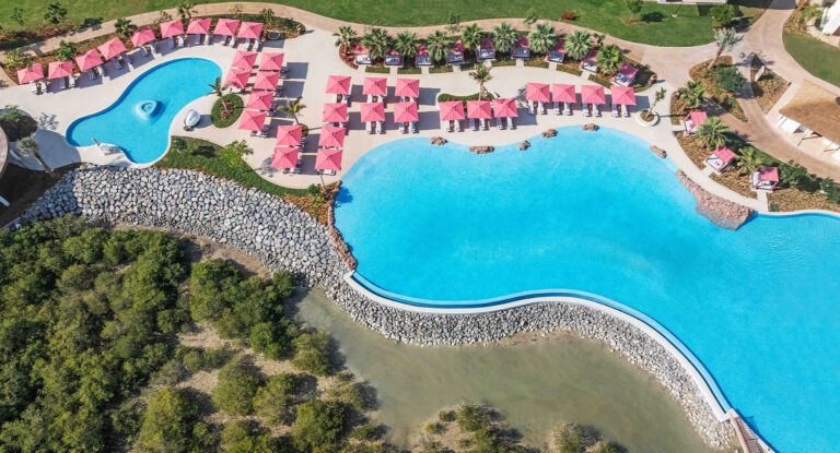 The swimming pool and mangroves from above, Anantara Mina Al Arab Ras Al Khaimah Resort