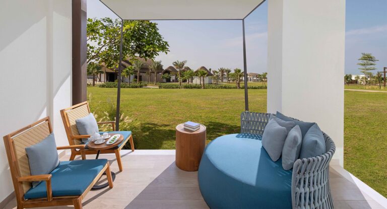 Deluxe Garden Terrace Room terrace with lagoon view, Anantara Mina Al Arab Ras Al Khaimah Resort