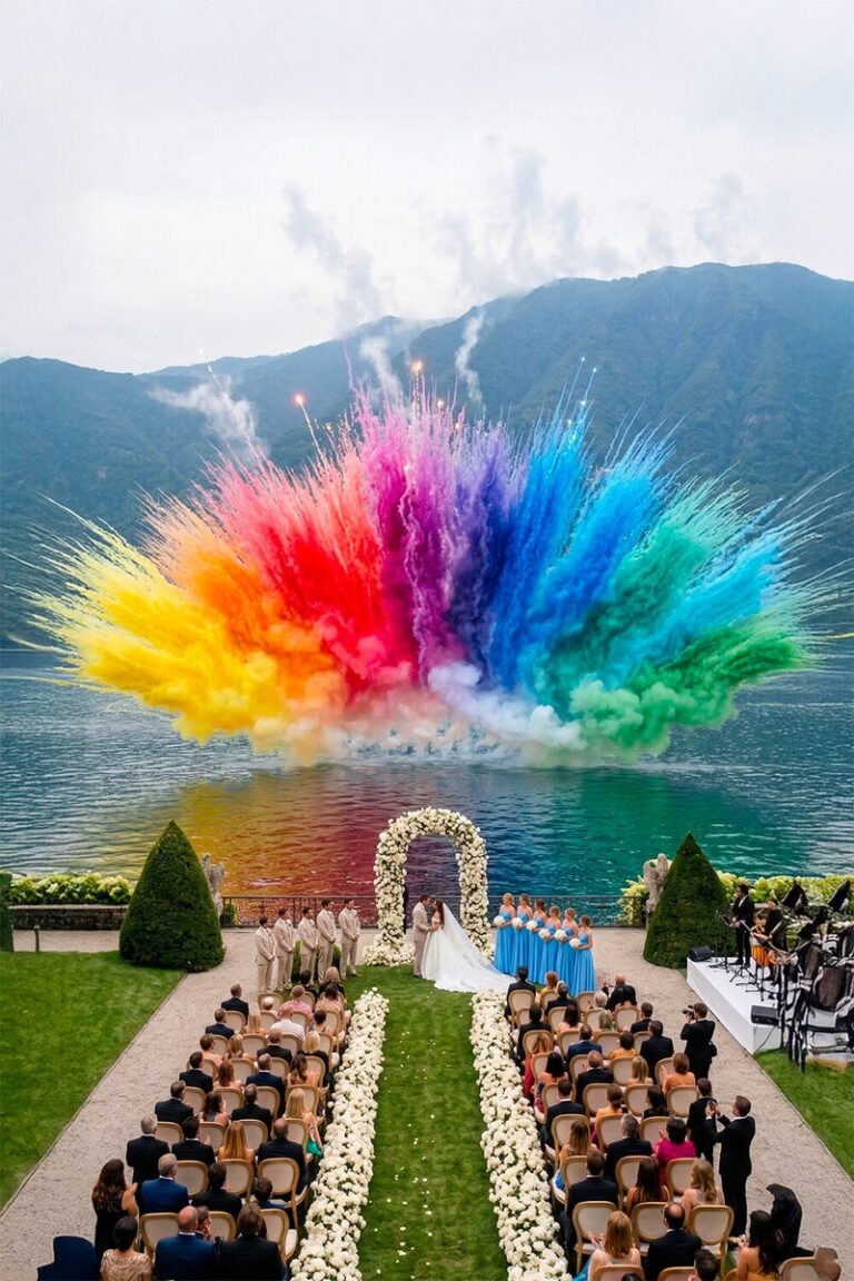 Coloured smoke over the aisle — Villa Balbiano, Lake Como, Andrea Gallucci Photography