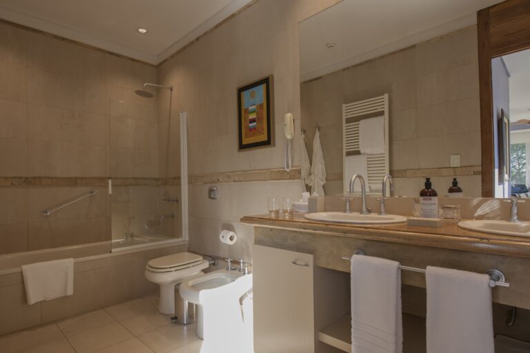 Guest bathroom with a double vanity, Antucura Wine Estate