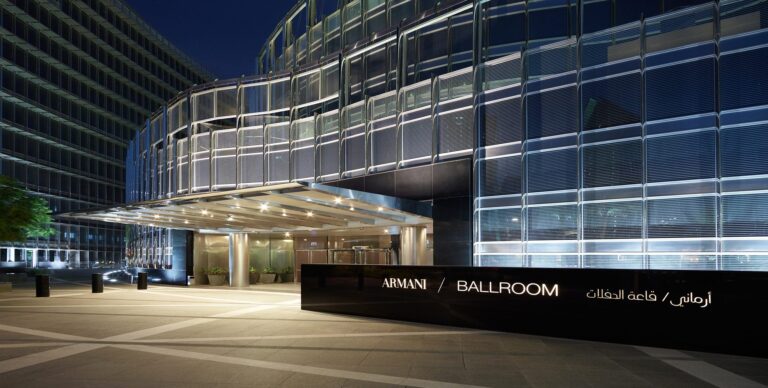 The Armani/Ballroom entrance beneath Burj Khalifa at night, Armani Hotel Dubai