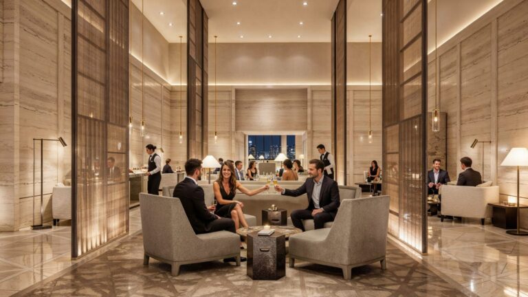 A lounge with seating and night views over the city, Armani Hotel Dubai