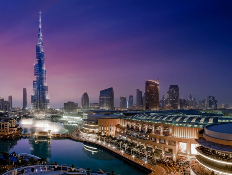 Burj Khalifa and Downtown Dubai at dusk, Armani Hotel Dubai