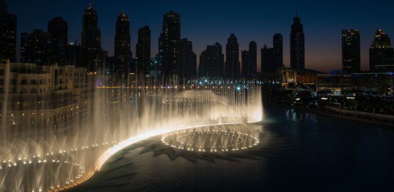 The Dubai Fountain performing at night, Armani Hotel Dubai