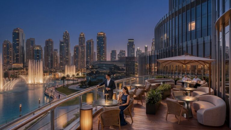 A terrace with views of the Dubai Fountain at dusk, Armani Hotel Dubai
