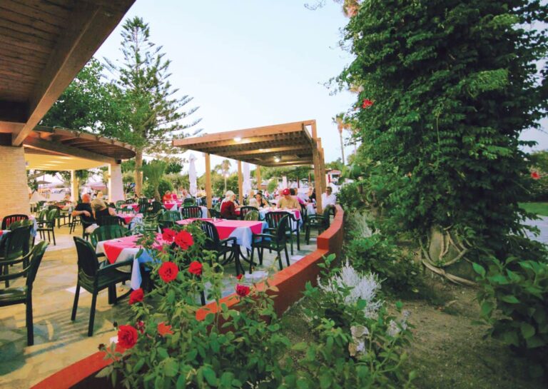 The taverna terrace beside the pool, Atlantis Hotel
