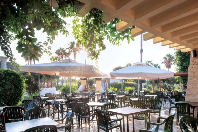 The shaded terrace dining area, Atlantis Hotel