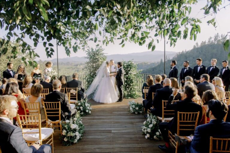 A wedding ceremony on the Ceremony Terrace, overlooking the vineyards, Auberge du Soleil