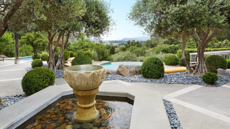 A garden courtyard fountain among the olive trees, Auberge du Soleil