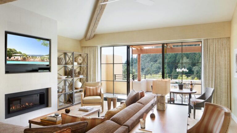 A guest suite bedroom, with valley views, Auberge du Soleil