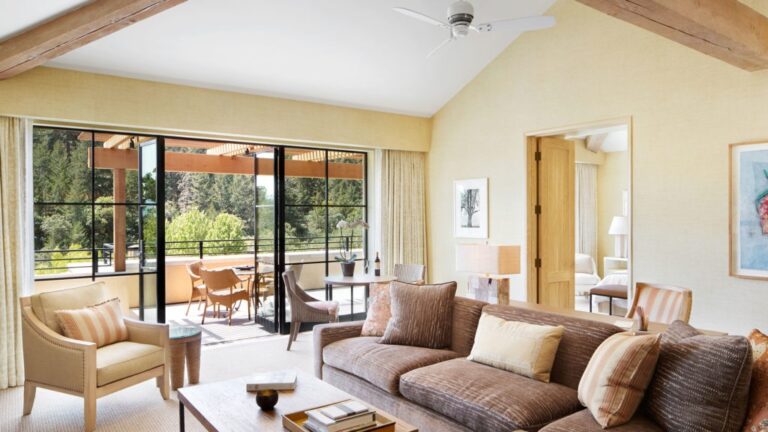 A guest suite living room, opening to its own deck, Auberge du Soleil