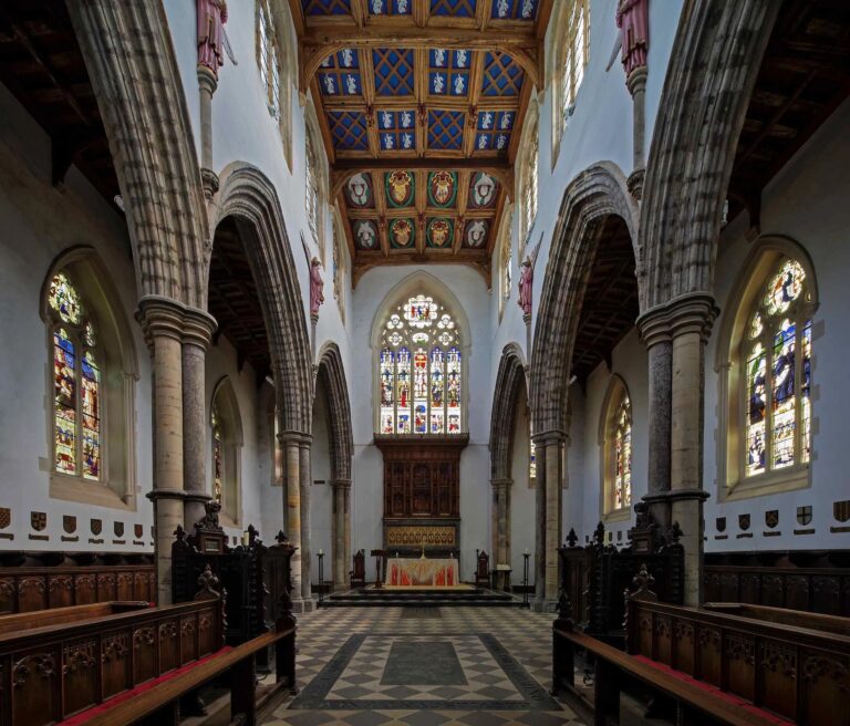 St Peter's Chapel interior, the Gothic nave and painted ceiling toward the altar, Auckland Castle