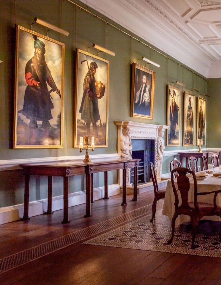 The Long Dining Room in daylight, Zurbaran patriarch portraits above the table, Auckland Castle