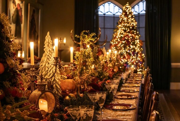 A candlelit banquet along a long dressed table with greenery, Auckland Castle