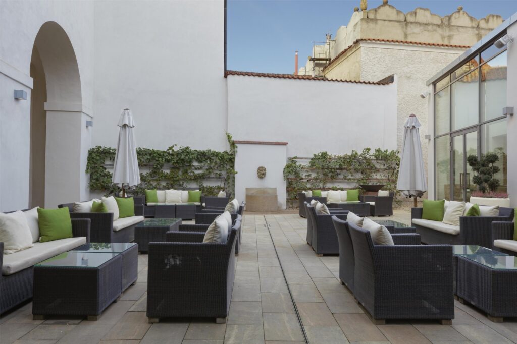 Terrace lounge seating, Augustine Hotel, Prague