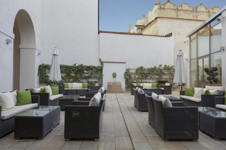 Terrace lounge seating, Augustine Hotel, Prague
