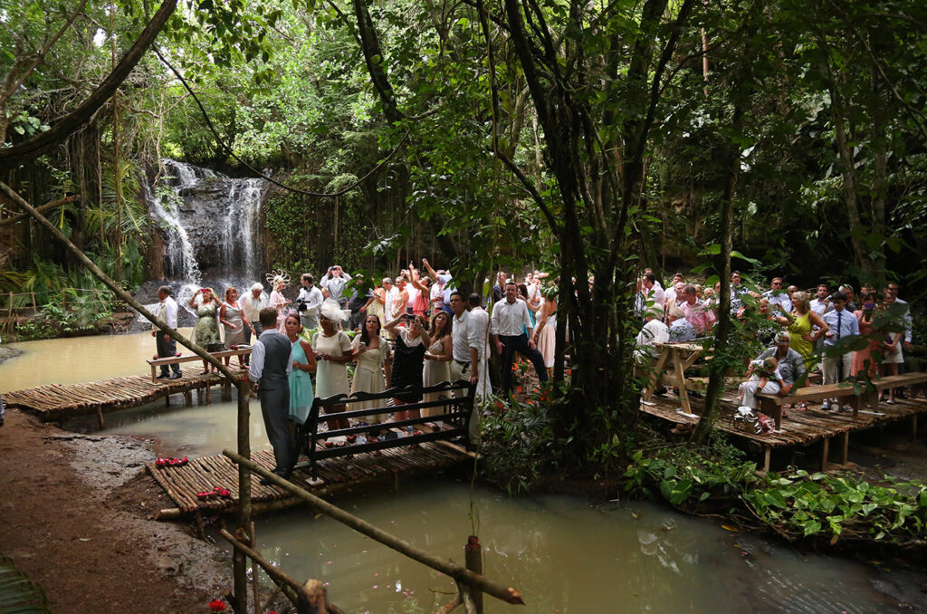 Guests on timber decks beside a waterfall