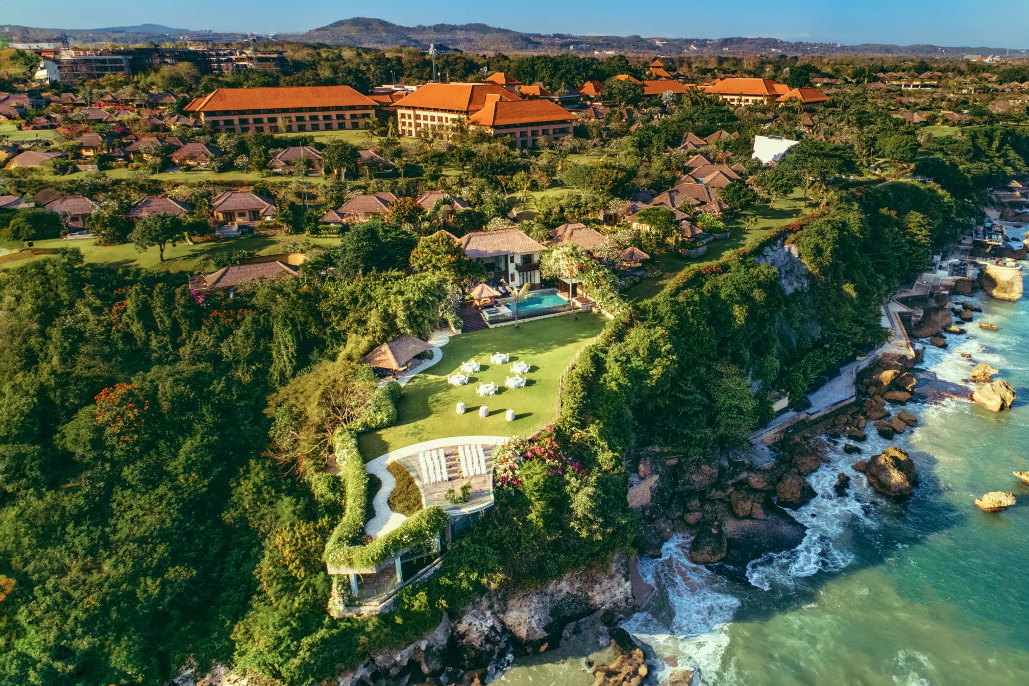Aerial view of AYANA Villa on the clifftop above the Indian Ocean, Ayana Estate Bali