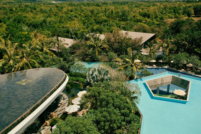 Aerial view of the RIMBA pools set in forest, Ayana Estate Bali