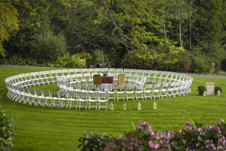A circular ceremony layout on the lawn, Ballinacurra House