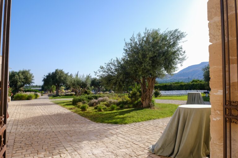 Olive garden and path with a dressed table, mountains behind, Ballium Luxury Relais