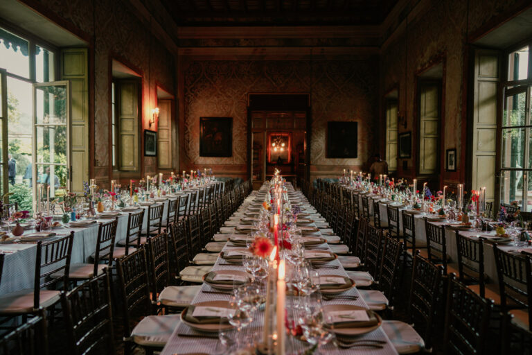 Long tables in the frescoed dining hall at Villa Semenza, Lecco, Barbara Zanon Photography