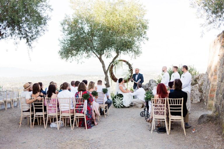 Ceremony beneath an olive tree with a floral ring at Kaizer's Throne, Corfu, Belli Momenti