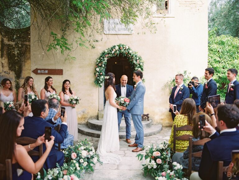 Vows in a stone courtyard at Danilia Village, Corfu, Belli Momenti